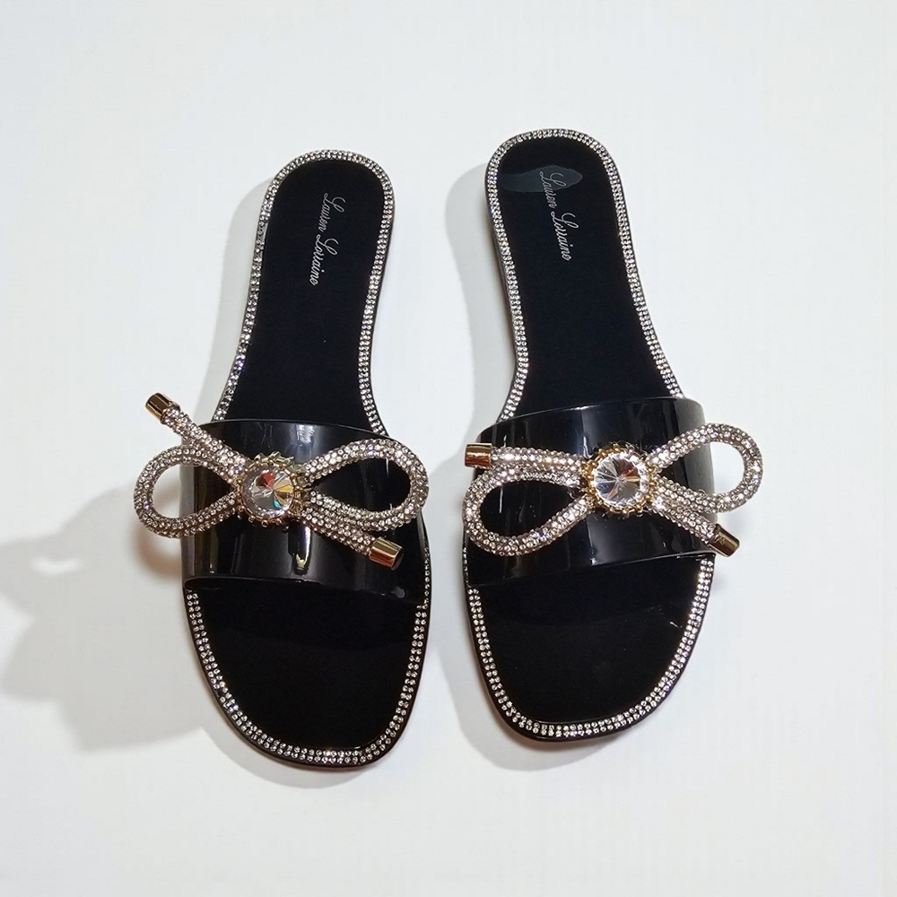 Lauren Lorraine Breeze Black Rhinestone Bow Jelly Slide Sandal Womens 9.5